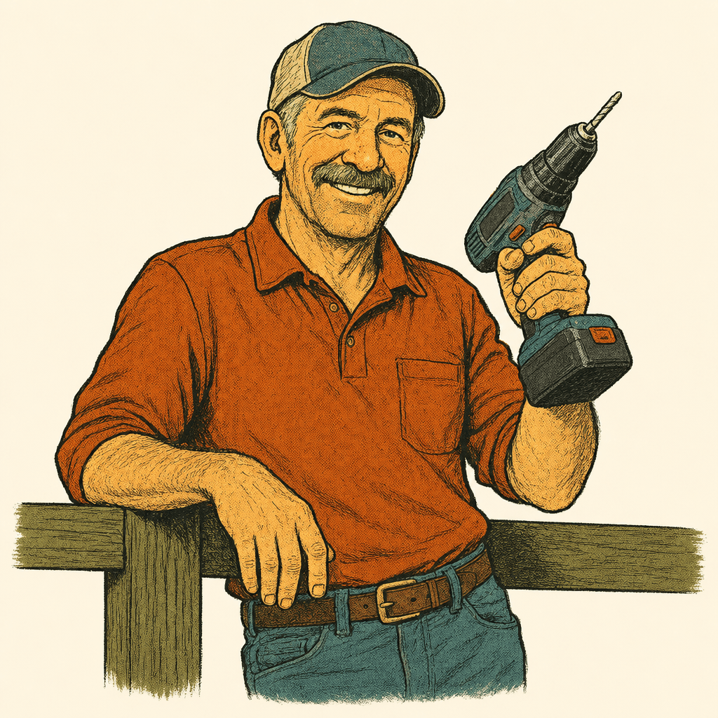 Gary leaning on the fence rail, grinning, holding a cordless drill he is about to recommend