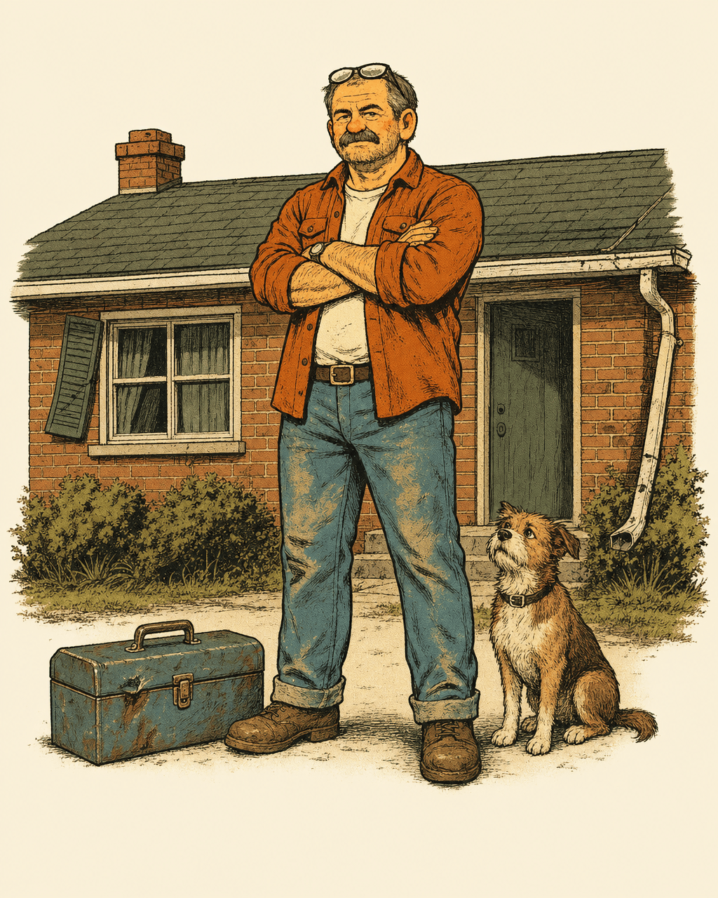 Marty standing arms-crossed in front of his 1978 brick ranch with a dented toolbox at his feet and Biscuit the terrier looking up at him